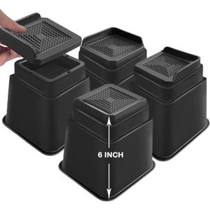 shouwuhho Bed Risers 1 inch, 2 inch, 3 inch, 4 inch, 6 inch, 9 inch Heavy Duty, Oversized Furniture Risers Support up to 5,000 Lbs for Sofa Table Couch Chair Leg Frame Dorm (4 Pack, Black, 6 inch)
