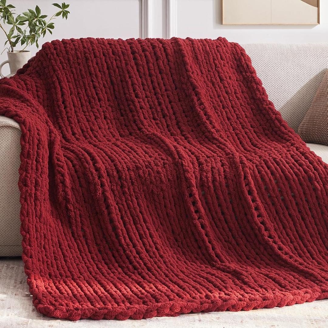 Chunky Knit Throw Blanket, 50''*60'' Knitted Throw Chenille Yarn for Bed Couch, Handmade Red Crochet Big Thick Blanket, Machine Washable Cute Comfy Blanket for Home Decor