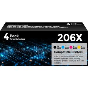 206X Toner Cartridges 4 Pack High Yield With Chip M283fdw Toner Compatible with HP206X HP 206X 206A W2110X W2110A Toner for Color Laser Pro MFP M283fdw M283cdw M283fdn M282nw M255dw M255nw Printer Ink