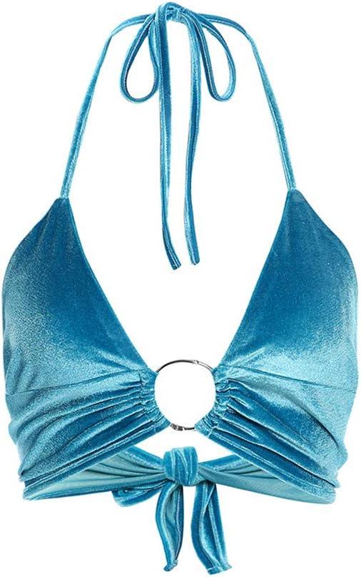 Women Halter Backless Camis Streetwear Club Patchwork Camisole (Blue, M)