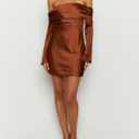 HYPERFIRE Women's Elegant Satin Off The Shoulder Long Sleeve Mini Dress Tie Back Wedding Cocktail Dresses (Brown)