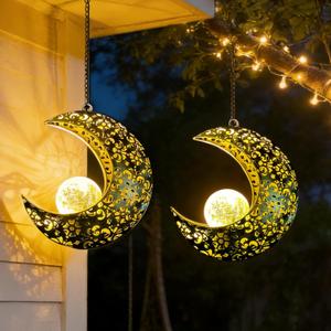2 x Solar Garden Hanging Moon Lights Outdoor Decor,2 Pack Metal Lanterns Art Decorations for Outside Yard Lawn Patio Wall Fences Driveway Trail,Unique Housewarming Gardening Gifts for Women Mom