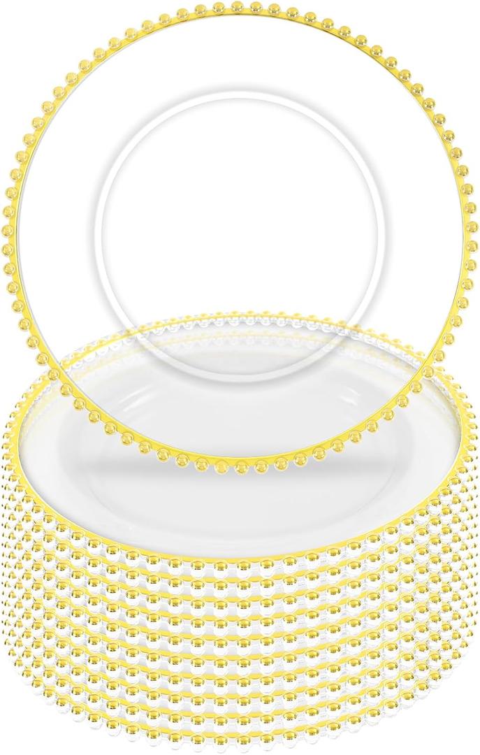 10Pcs Clear Charger Plates Bulk Wedding - 13" Premium Clear Plastic Chargers with Gold Beaded RimDecorative Dinner Charger Plates for Events & Parties