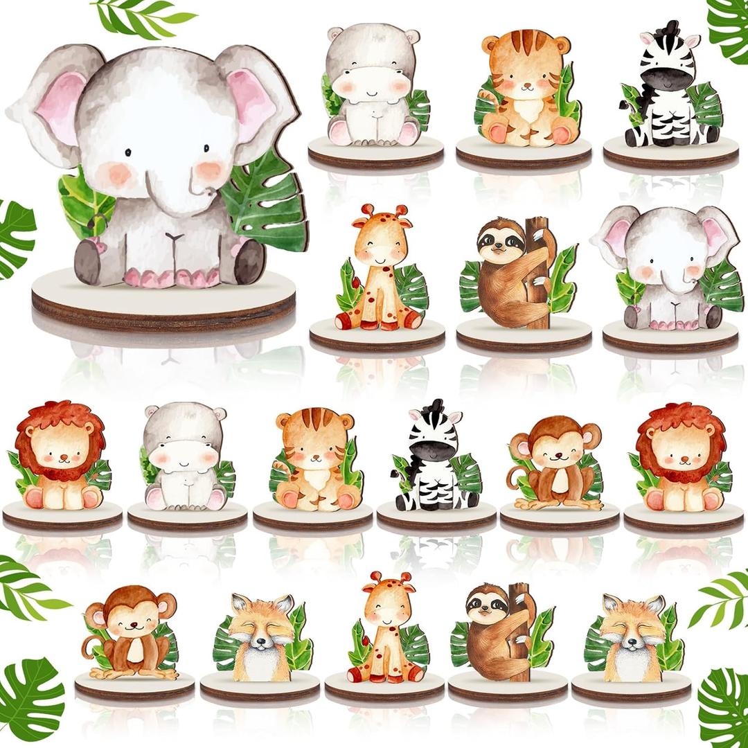 Kigley 18 Pcs Jungle Animals Safari Baby Shower Decorations Wooden Jungle Party Decorations Safari Centerpieces for Tables Forest Animals Shapes Table Topper for Kids Camping Birthday Party Supplies
