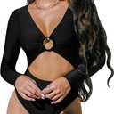 CUPSHE Women's One Piece Swimsuit Rash Guard Long Sleeve Cutout UPF 50+ UV Deep V Neck O-Ring (Medium, Black)