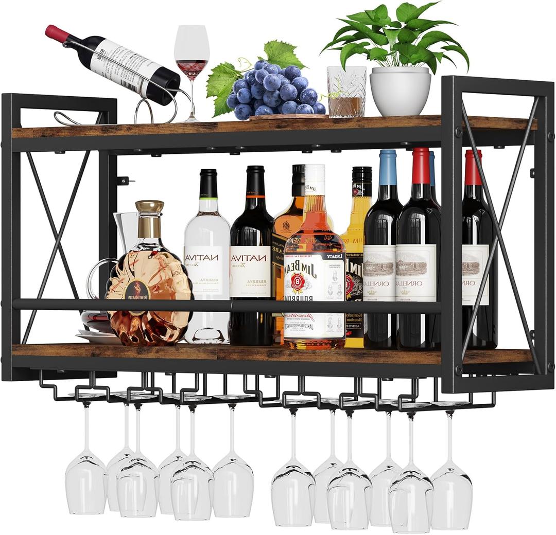 Homeiju Wall Mounted Wine Rack, Bottle & Glass Holder Wood-Metal Retro Wine Rack, Wine Bottles Display Wall Storage for Kitchen Dining Room Home Bar (31.5"W x 7.91"D x 16.85"H)