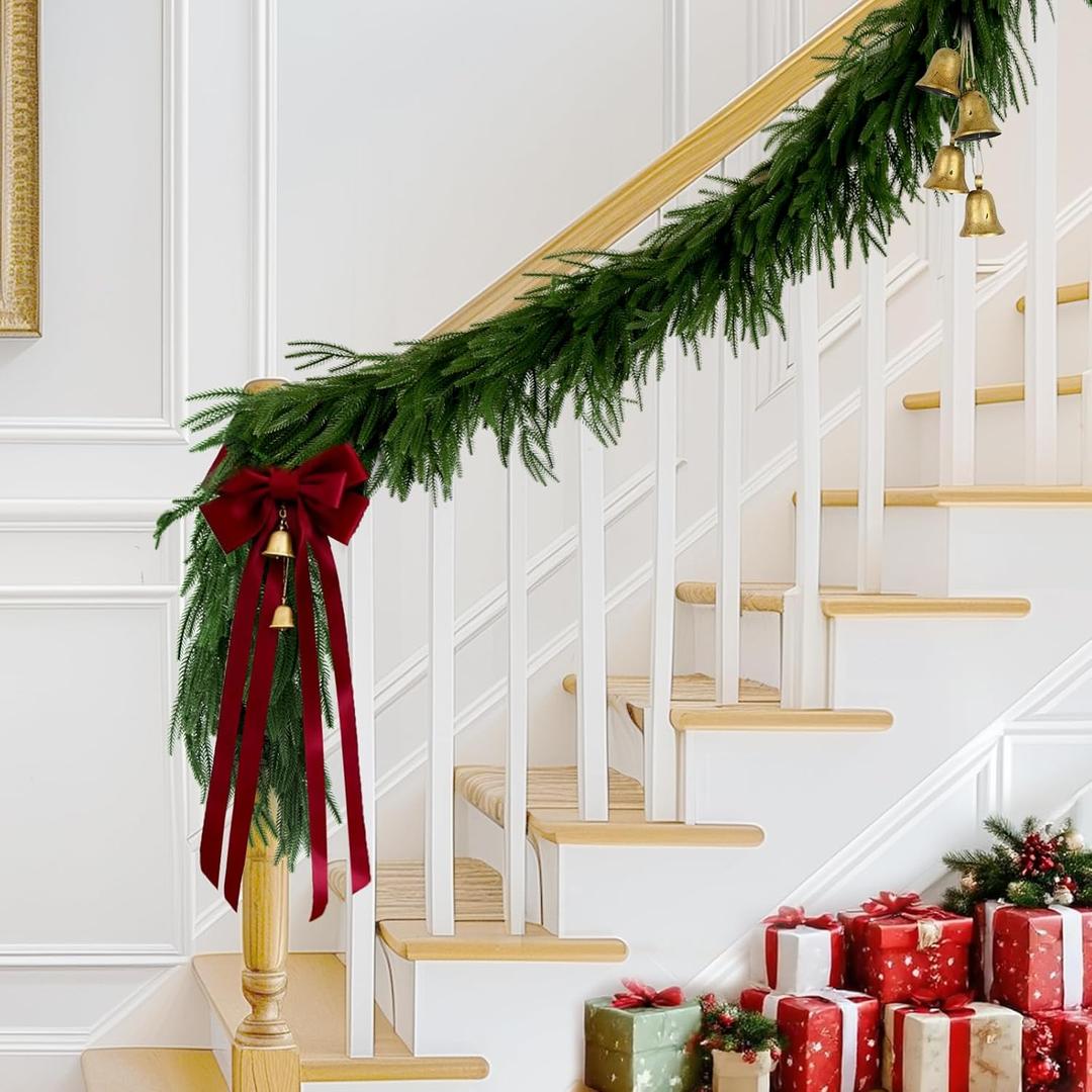 2Pack 9FT Christmas Garland Real Touch Norfolk Pine Garlands,Lifelike Greenery Garland for Mantle Fireplace Stairs Table Porch Decorations, Green Garland for Indoor Outdoor Winter Holiday Xmas Decor