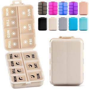 Foldable & Portable Weekly Pill Organizer 2 Times a Day with Clear Printed Labels - 7 Day AM PM Medicine Box, Week Daily Travel Pill Meds Case Holder for Medications, Vitamin, Supplement - Khaki