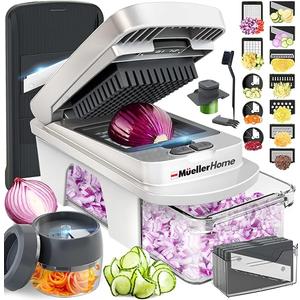 Mueller Pro-Series All-in-One, 12 Blade Mandoline Slicer for Kitchen Spiralizer, Food Chopper, Vegetable Slicer, Cutter, Dicer, Grater, Kitchen Gadgets with Container, White Sand/Gray, 
Product Dimensions	10.91"L x 5.47"W x 5.71"H