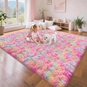 Cute Unicorn Rug for Girls Bedroom, 6x9 Plush Fluffy Princess Rainbow Area Rug for Girls Room Soft Big Shag Carpet for Living Room Baby Toddler Kids Room Colorful Kawaii Room Decor
