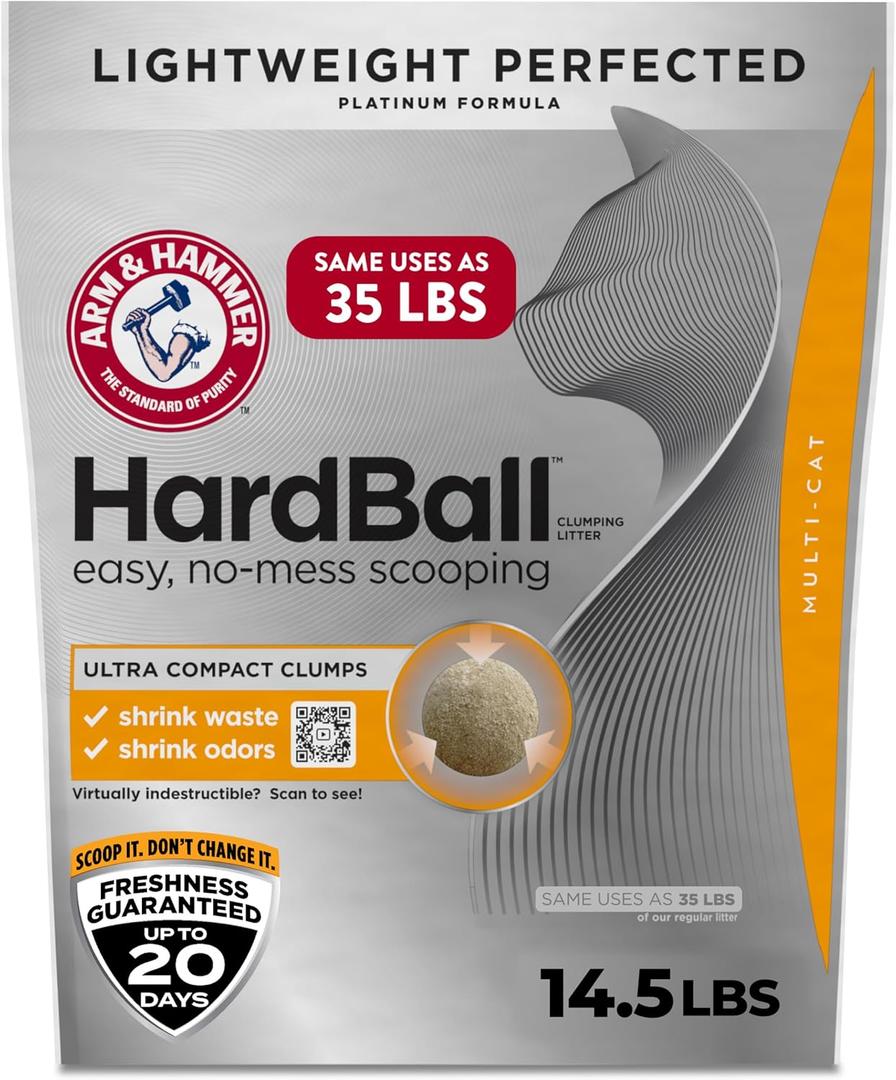 ARM & Hammer Hardball Lightweight Platinum Multi-Cat Clumping Cat Litter Odor Control, Easy No-Mess Scooping, Garden Bloom Scent, 14.5 Lbs.