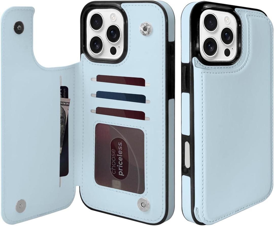 TopPerfekt Flip Leather Wallet Case Card Holder Shockproof Compatible with iPhone 16 Pro Max 6.9" Women and Girls with Card, Holder Kickstand Double Magnetic Clasp (Light Blue White)