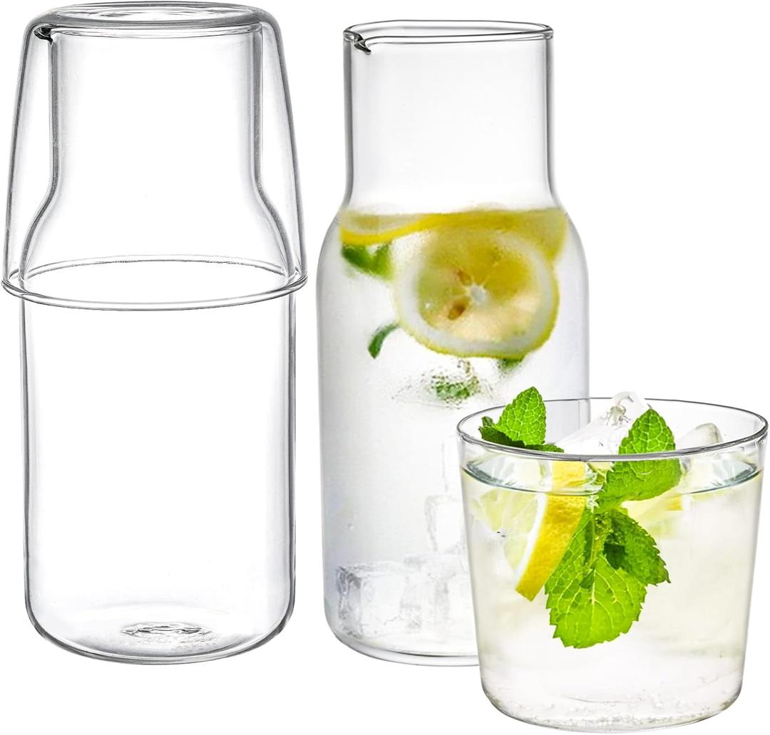 YOUEON 2 Sets 17 Oz Bedside Water Carafe and Glass Set, Nightstand Water Pitcher with Cup Lid, Juice & Mouthwash Bottle for Kitchen, Bedroom or Bathroom, Protective Foam Packaging