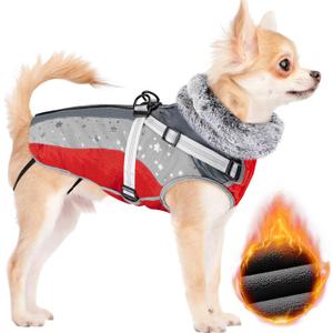SlowTon Dog Jacket with Harness Built in - Waterproof Fleece Winter Warm Dog Coats for Small Medium Dogs, Reflective Adjustable Furry Puppy Vest Clothes for Outdoor Walking (Red & Black,XS) (X-Small (Chest 11.8"-13.8"))
