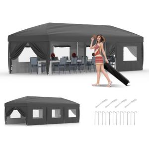 10x30 Pop Up Canopy - Heavy Duty Outdoor Canopy Tent with Portable Roller Bag - 3 Adjustable Height, 4 Weight Bags, 8 Stakes & 6 Guy Ropes Included, Grey (Gray)