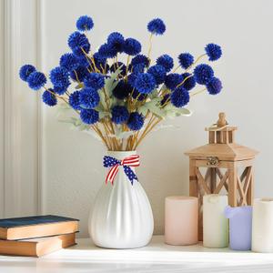 Hananona 12 Piece Artificial Chrysanthemum Flowers, Blue Mini Kiku Pom Pom Mums Patriotic Flower Faux Floral Arrangements 4th of July Centerpiece for Home Kitchen Decor (12, Blue)