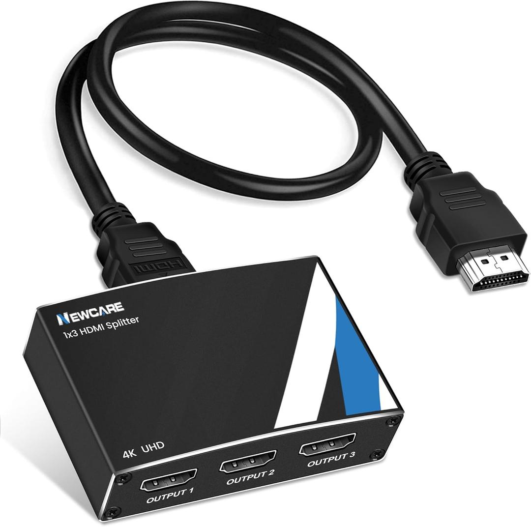 NEWCARE 4K HDMI Splitter 1 in 3 Out [with 4 FT Hdmi Cable and Power Adapter], Aluminum Alloy 13 HDMI Splitter Support 4Kx2K,1080P, 3D, HDR,DTS/Doby-TrueHD for Xbox PS5/4 Roku,Not Support Extend Mode