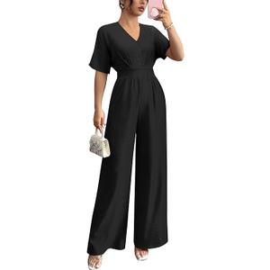 Womens Jumpsuits Dressy Elegant Batwing Sleeve V Neck One Piece Wide Leg Sexy Long Pants Romper Black 2XXL