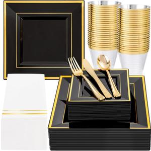 Festiva 350Pcs Black and Gold Plastic Plates-50Guests Disposable Square Black Dinnerware Set include 100 Plastic Plates,50Cups,150Plastic Cutlery,50Napkins for Party,Halloween&Wedding&Fathers Day