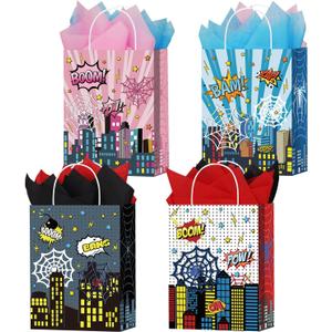 16 Pcs Spider Party Favor Bags with 20 Sheets Tissue Paper, Spider Web Theme Patterns Gift Bags with Handles, Kraft Goodie Candy Treat Bag for Happy Birthday Baby Shower Supplies Decoration (Red/Blue/Pink/Black)
