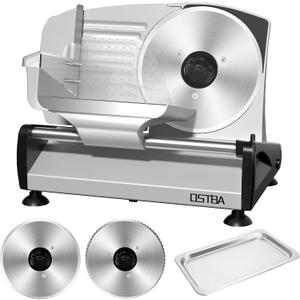 OSTBA Meat Slicer with Quiet DC Motor, 200W Electric Deli Slicer, Dual 7.5'' Stainless Steel Blades, 0-15mm Adjustable Thickness, Easy to Clean, Ideal for Meat, Cheese, Bread, and Vegetables (Silver)