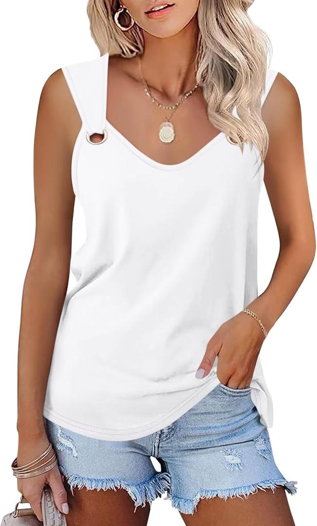Women's V Neck Tank Top Casual Sleeveless Shirts Cute Summer Tees (White)