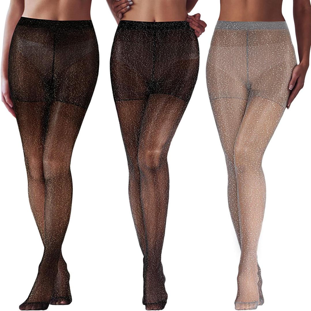 SATINIOR 3 Pairs Metallic Tights Women's Shimmer Tights Shiny Elastic High Waist Pantyhose for Valentine Dating Outfit (Black Mix Gold, Black-silver, Grey-silver)