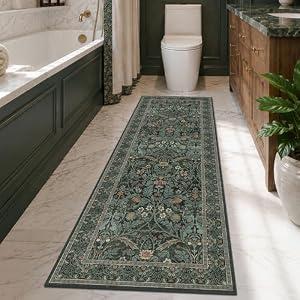 Dark Green 2x6 Washable Runner Rug Non Slip - Bathroom Kitchen Runner 6ft - Floral Soft Thin Rug Non Skid for Bath Entryway Hallway, Vintage Low Pile Stain Resistant Floor Carpet