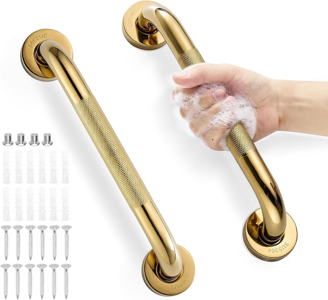 Grab Bars for Shower, Zynuhmo 2 Pack 12 Inch Anti Slip Stainless Steel Bathroom Safety Shower Grab Bar Handrails for Handicap Injury Pregnant Senior Assist Shower Handles(Titanium Gold, 1" Diameter)
