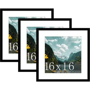Picrit 16x16 Picture Frame 3 Pack, Black Poster Frame, Display Poster 12 x 12 with Mat or 16 x 16 without Mat for Horizontal or Vertical Wall Mounting