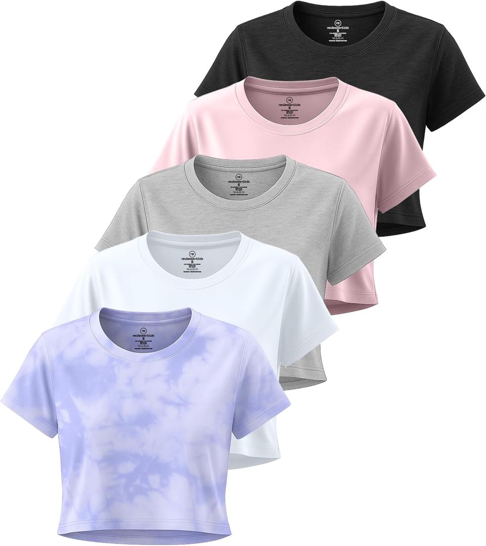 Real Essentials 5 Pack: Women's Dry Fit Crop Top - Short Sleeve Crew Neck Stretch Athletic Tee, XS Real Essentials 5 Pack: Women's Dry Fit Crop Top - Short Sleeve Crew Neck Stretch Athletic Tee, XS