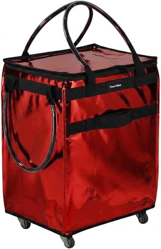 Reusable Grocery Bag On Wheels Large Capacity Shopping Trolley Foldable Rolling Tote Bag with Heavy Duty Handle for Travel (Red, Large)