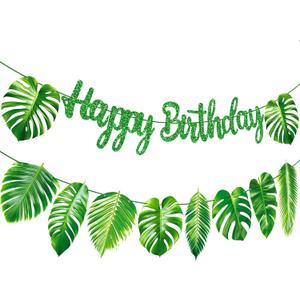 Tropical Green Palm Leaf Happy Birthday Banners Hawaiian Luau Decorations for Summer Theme Jungle Baby Shower Supplies