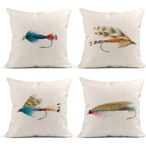 Set of 4 Linen Throw Pillow Cover Case Fishin Fish Hook Decorative Pillow Cases Covers Home Decor Square 18 x 18 Inches Pillowcases (Multi 163603)