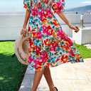 PRETTYGARDEN Women's Summer Casual Dresses 2025 Spring Puff Sleeve Square Neck A-line Flowy Boho Floral Smocked Midi Dress (M)