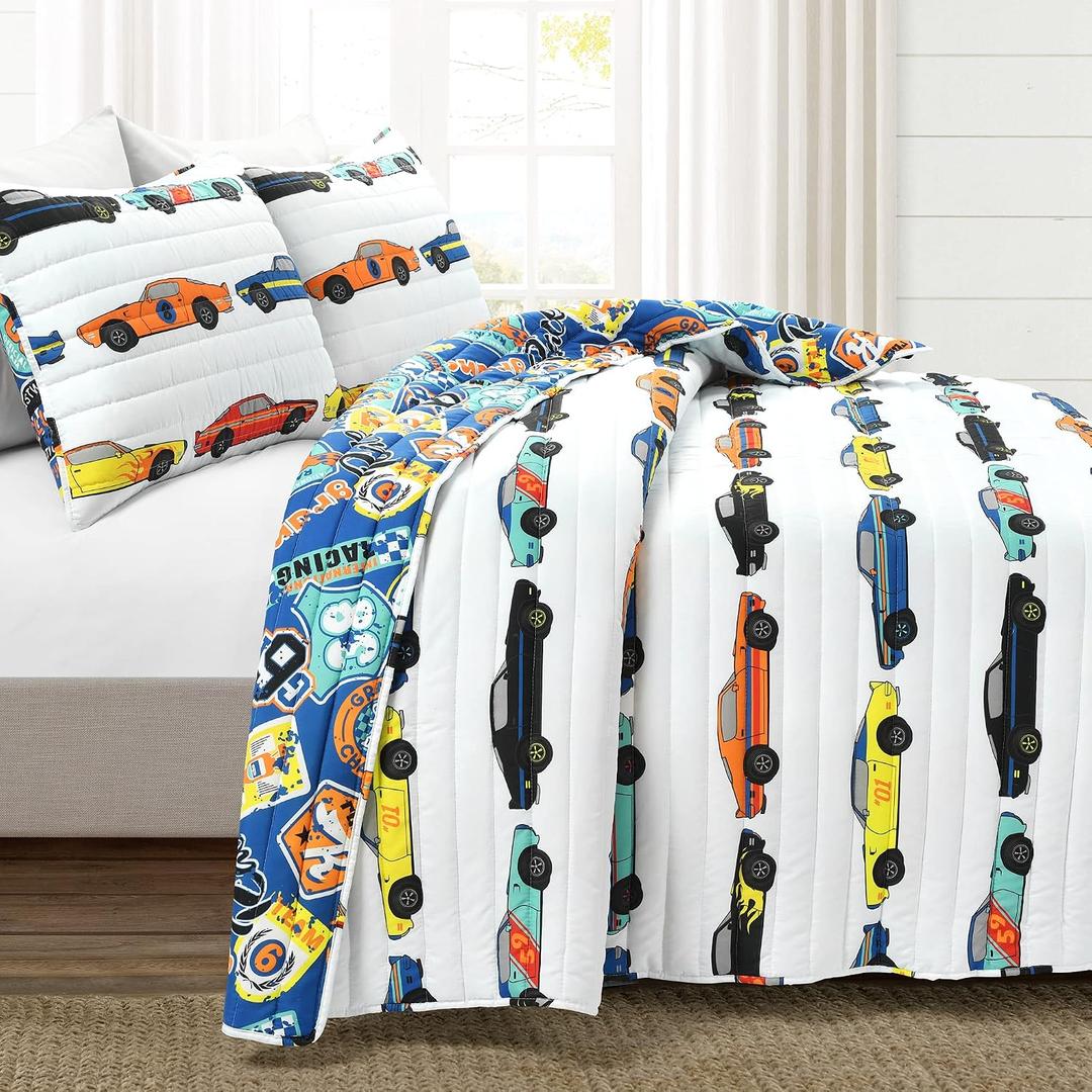 Lush Decor Race Car Kids' 2-Piece Quilt Bed Set, Reversible Bedding Set for Boys, White, Twin