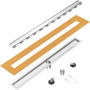 24 inch Linear Shower Drain with Tile Insert Grate Cover, Brushed 304 Stainless Steel Bonding Flange Linear Drain, Low Profile Linear Shower Drain with Hair Strainer
