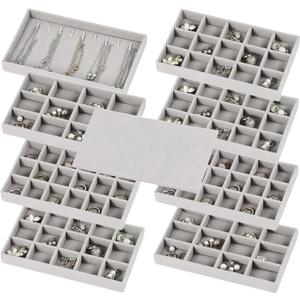 Set of 8 Stackable Jewelry Organizer Trays with 1 Lid for Drawer & Dresser Organizer, Adjustable Velvet Jewelry Box Tray Earring Organizer Necklace Storage Ring Bracelet Display Case (Gray)