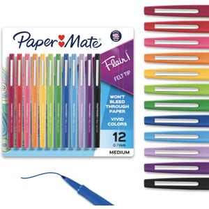 Paper Mate Flair Felt Tip Pens, Medium Point (0.7mm), Assorted Colors, 12 Count - For Arts & Crafts, Note-Taking, Journaling, School Supplies for Teachers & Students