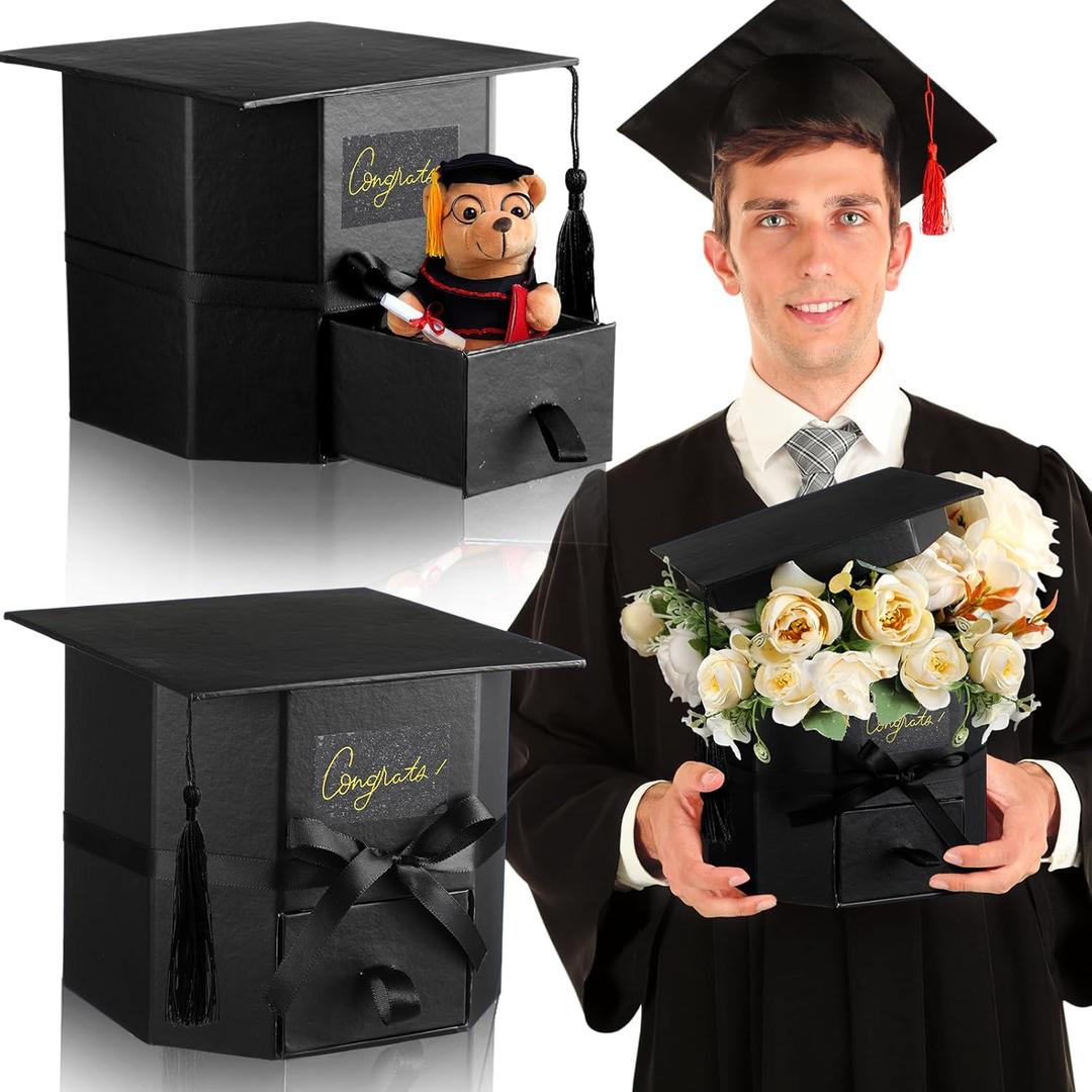 Chunful 3 Pcs Graduation Flower Boxes 2025 Graduation Cap Gift Boxes with Drawer Double Layers Graduate Candy Treat Cases Grad Floral Centerpieces Container for Class of 2025 Party Favor Supplies