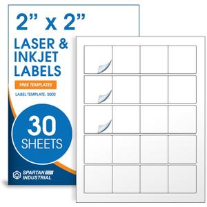 2" X 2" Square Printable Labels Compatible with Inkjet and Laser Printers - 30 Sheets, 600 Matte White Paper Stickers for Logos, Product Labeling, and QR Codes - Spartan Industrial