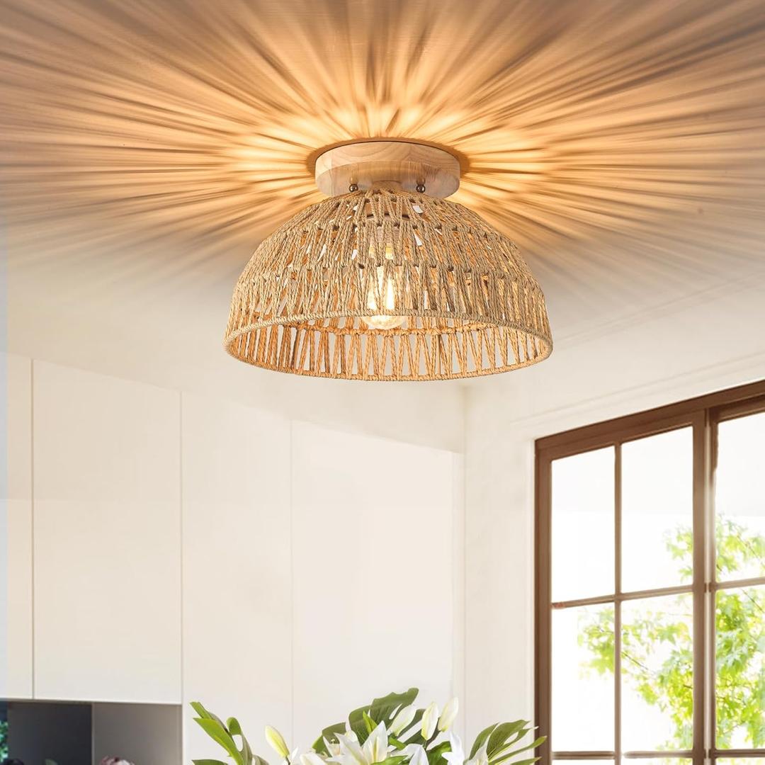ALAISLYC 13 Inch Rattan Flush Mount Ceiling Lights Farmhouse Boho Ceiling Light Fixtures Rustic Wicker Hand Woven Rope Cage for Dining Room Kitchen Bedroom Foyer Hallway Entryway
