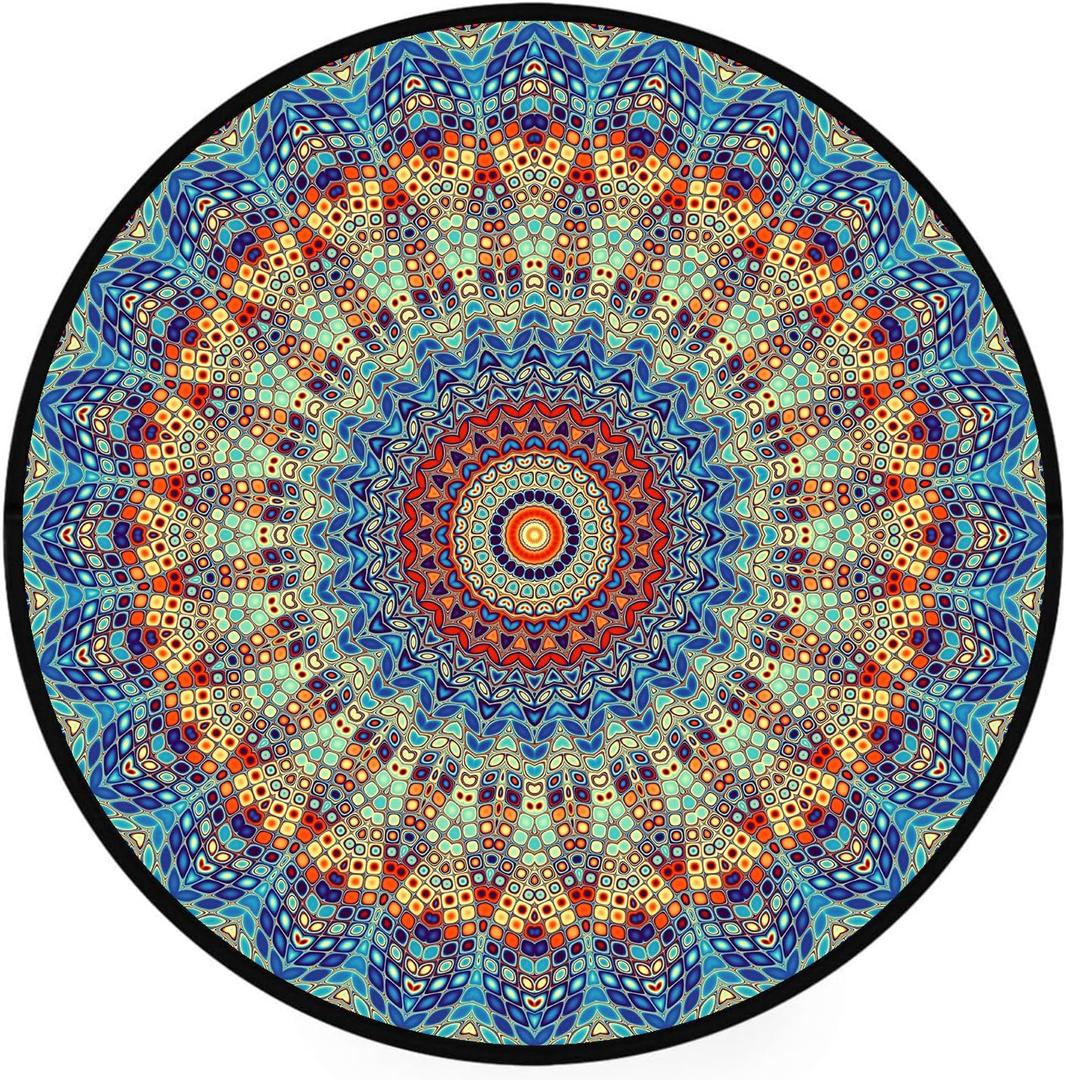 Round Rugs 2 FT Washable Non Slip Round Area Rug, Medium-Pile Small Circular Rug for Living Room Small Area Rug Floor Rug Throw Rug Soft Rug Room Decor (Blue Mandala Colorful Agate)