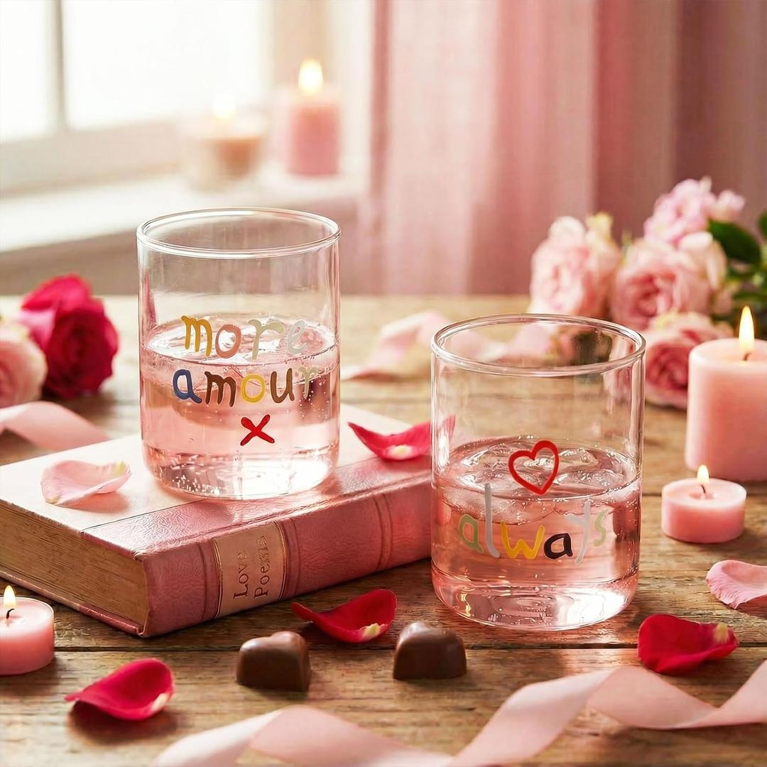 Skylety 2 Pcs Valentine's Day Juice Glass 16.4 oz More Amour and Always Love Notes Juice Glass Stemless Heart Drinking Cups Set for Couple Valentine Birthday Wedding Gifts
