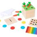 Adena Montessori 3 for 1 Wooden Montessori Play Kit Baby Toys,includes Matchstick Color Drop Game,Carrot Harvest Game and Coin Box,Learning Toy for Kid 1,2,3 Year Old,Girl Boy Gift for Baby 6-12 Month