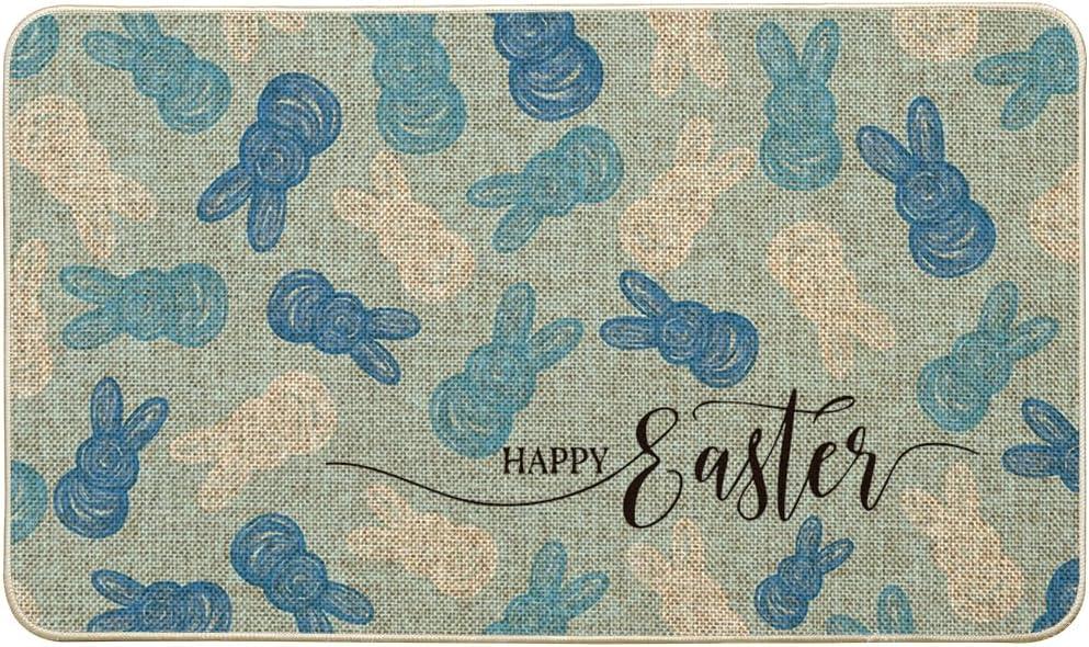 Artoid Mode Blue Rabbit Bunny Happy Easter Doormat, Home Decor Low-Profile Switch Rug Door Mat Floor Mat for Indoor Outdoor 17x29 Inch