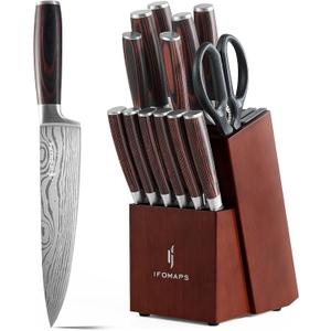 15-Piece Knife Set with Block for Kitchen, with Built-In Sharpener, Stainless Steel Ultra Sharp Blades, Ergonomic Pakkawood Handle, Essentials Chef Knives Set