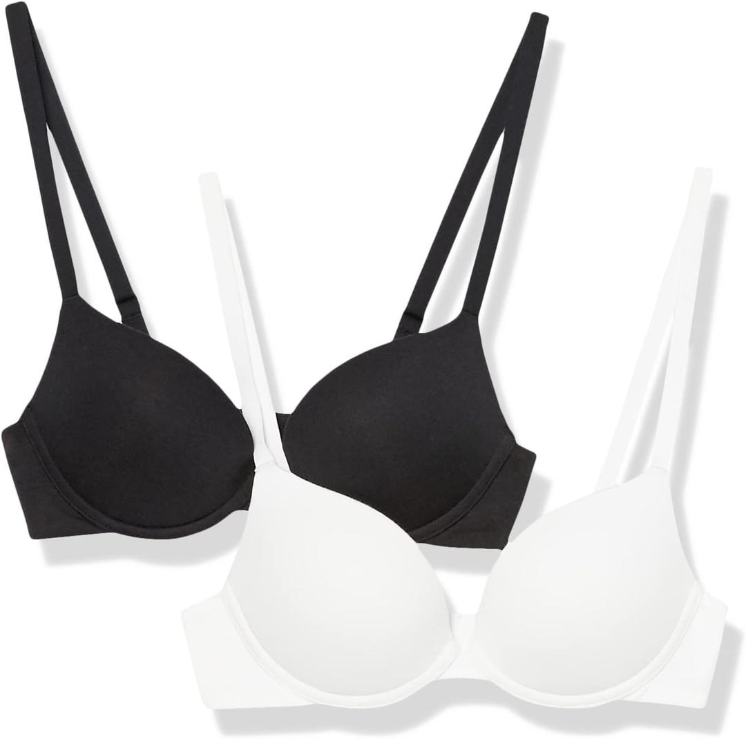 Amazon Essentials Women's Underwire Push-Up Padded Cotton Bra, Supportive, Pack of 2, Black/ White, 36B