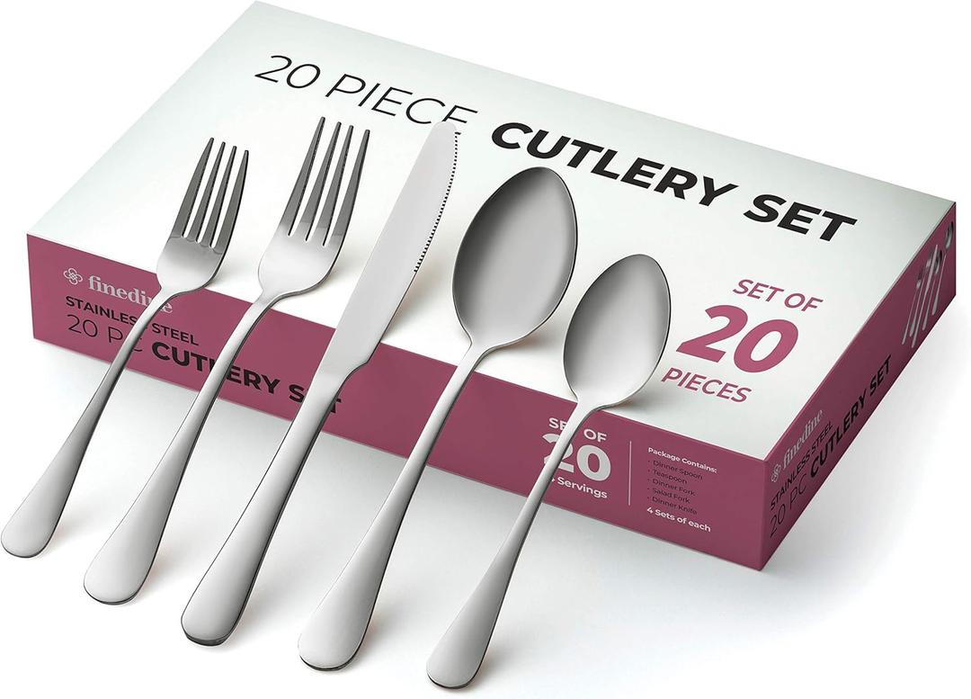 FineDine 20-Piece Stainless Steel Silverware Set - Kitchen Utensils Set Serving For 4, Cutlery Set - Flatware Set Includes Spoons, Forks & Knifes - Dishwasher Safe Stainless Steel Utensils Set