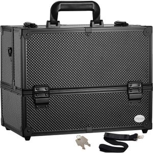 Joligrace Makeup Train Case Professional Adjustable - 6 Trays Cosmetic Cases Makeup Storage Organizer Box with Lock and Compartments 14 Inch Large Black